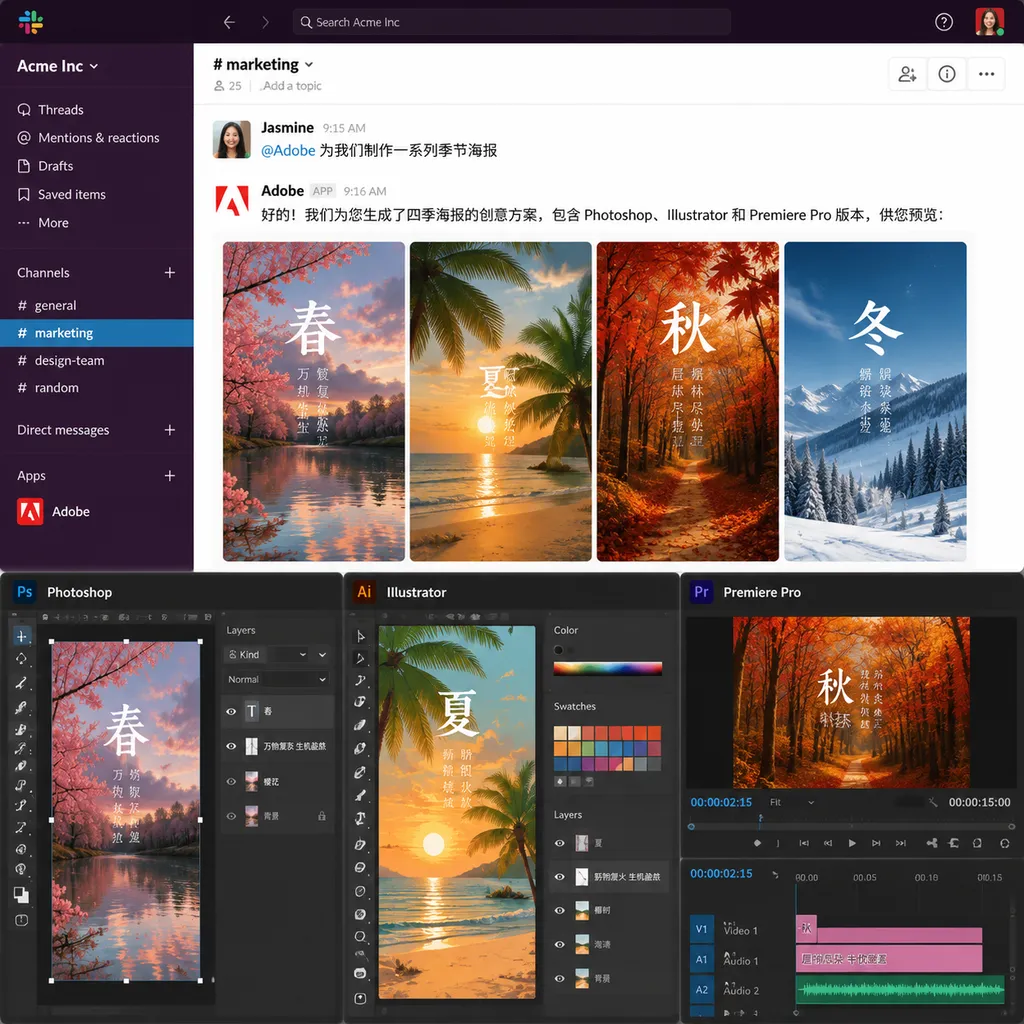 Slack 聊天窗口中输入“@Adobe 为我们制作一系列季节海报”,并展示 Photoshop、Illustrator、Premiere 生成创意方案的界面示意图