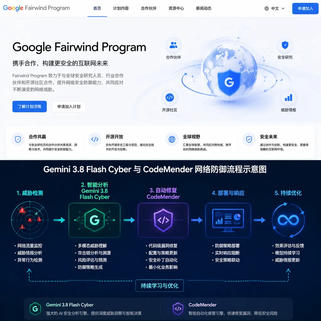 Google Fairwind Program官网界面、Gemini 3.8 Flash Cyber与CodeMender网络防御流程示意图