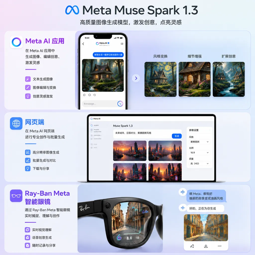 Meta Muse Spark 1.3在Meta AI应用、网页端和Ray-Ban Meta智能眼镜中的应用场景示意图