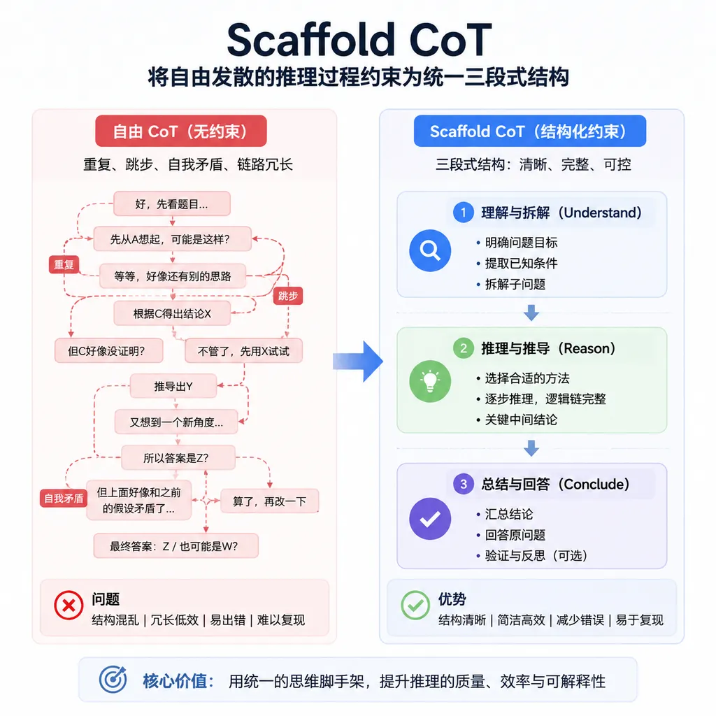Scaffold CoT将自由发散的推理过程约束为统一三段式结构的示意图,左侧是重复、跳步和自我矛盾的自由CoT,右侧是短而有序的结构化推理