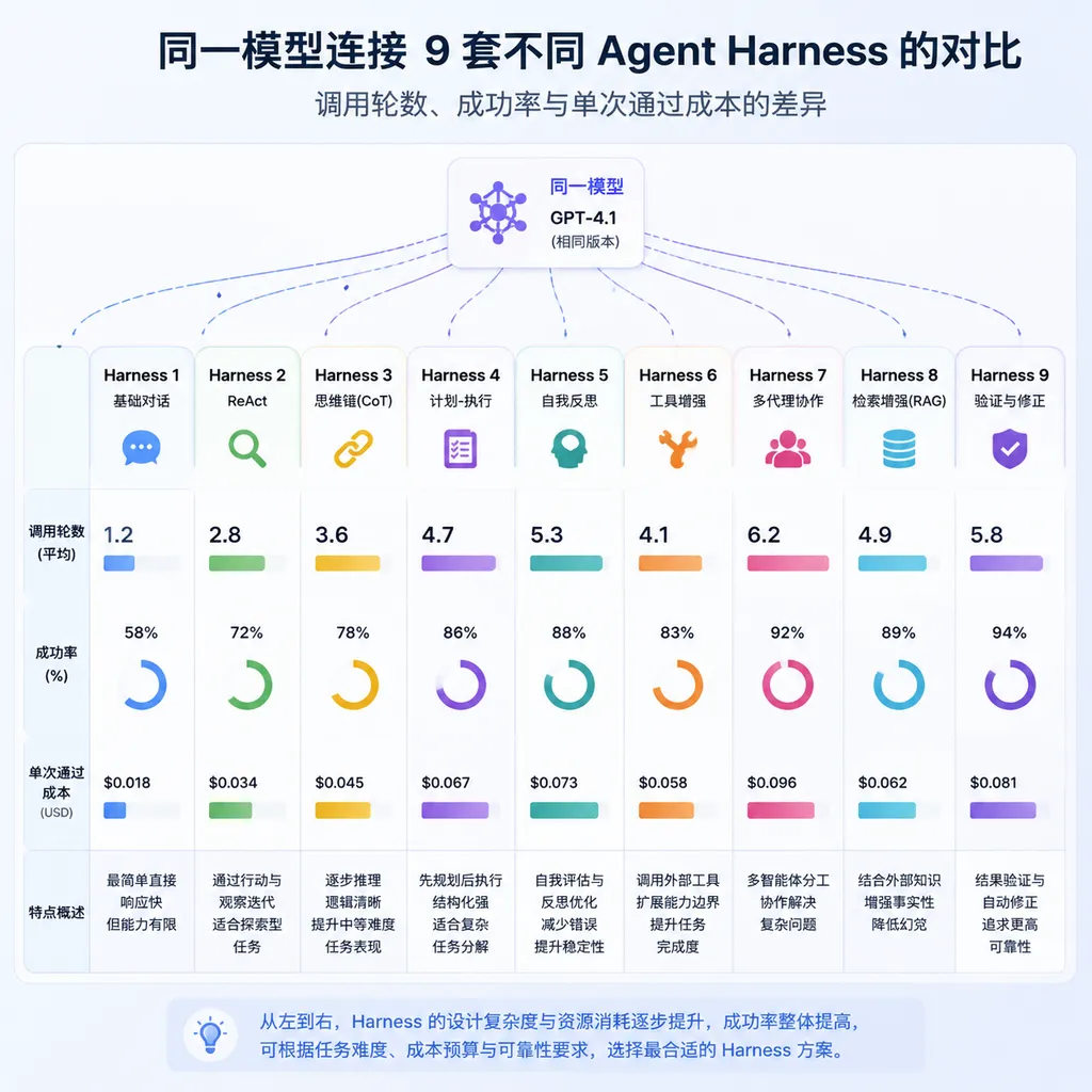 同一模型连接9套不同Agent Harness的对比示意图,展示调用轮数、成功率与单次通过成本的差异