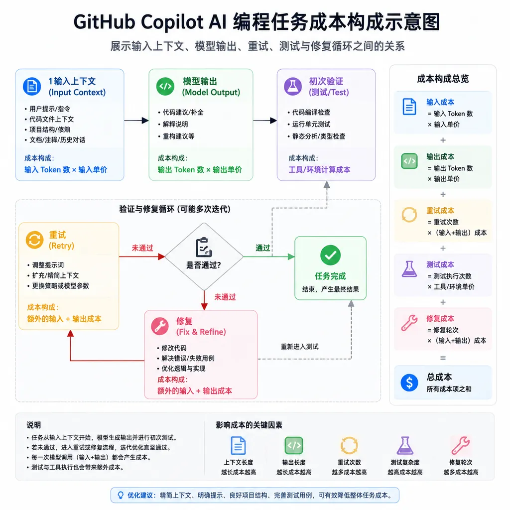GitHub Copilot AI 编程任务成本构成示意图,展示输入上下文、模型输出、重试、测试与修复循环之间的关系