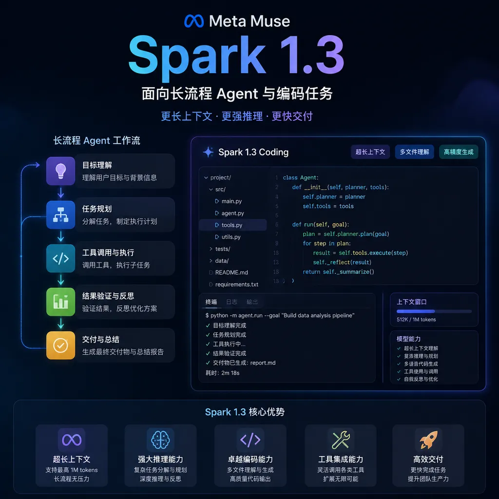 Product concept image of Meta Muse Spark 1.3 for long-running Agent workflows and coding tasks