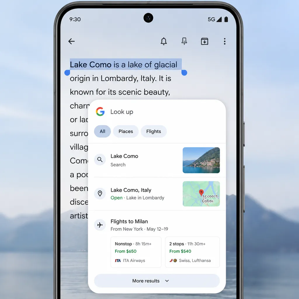Google Look up 选中文本后弹出浮动搜索窗口,展示搜索、地图和航班信息