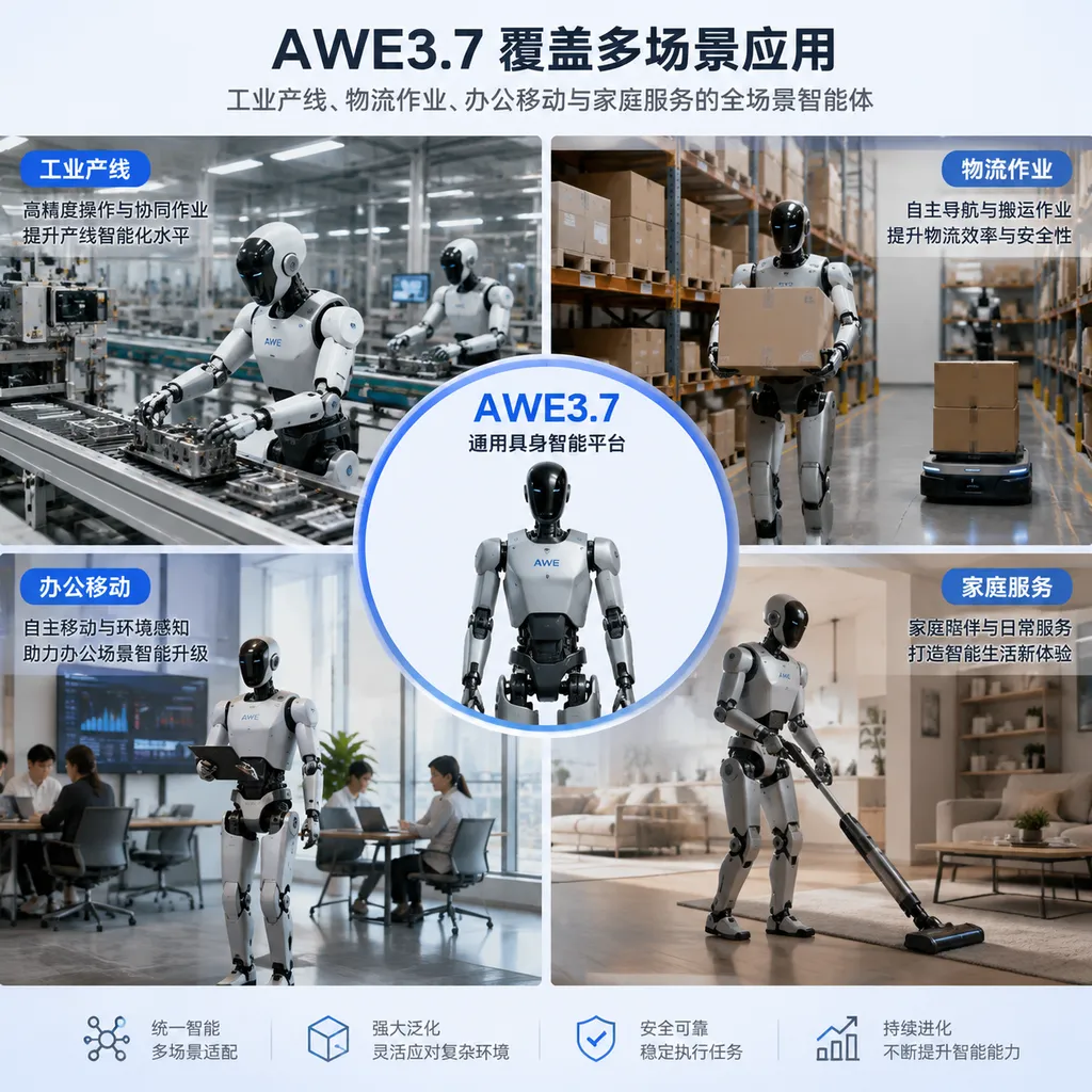AWE3.7覆盖工业产线、物流作业、办公移动与家庭服务的场景示意图