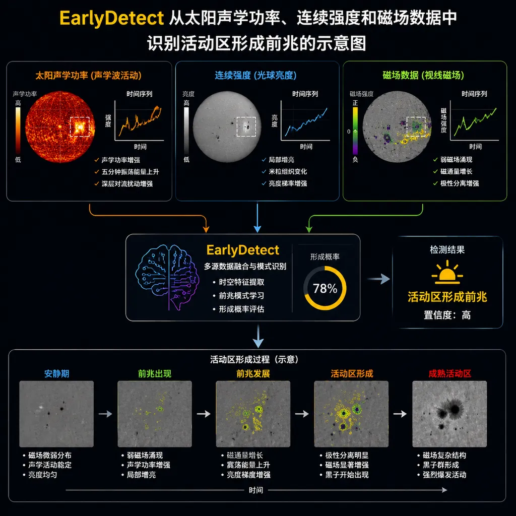 Illustration of EarlyDetect identifying precursors to active-region formation from solar acoustic power, continuum intensity, and magnetic-field data
