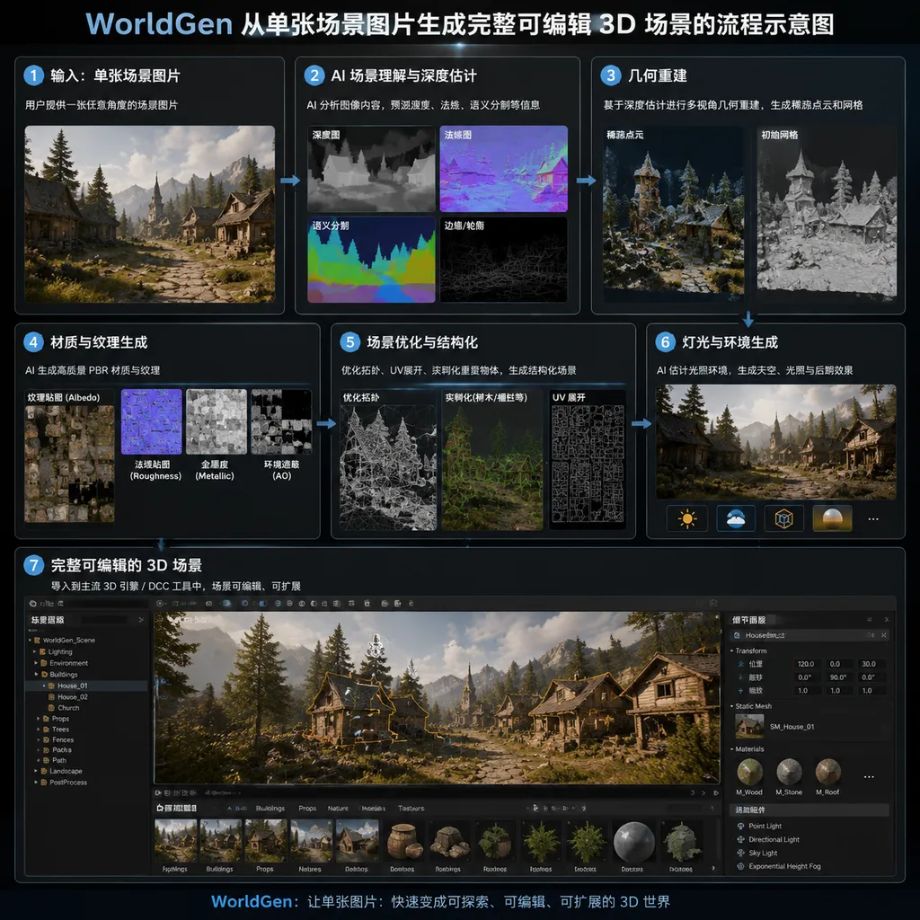 Illustration of WorldGen’s process for generating a complete, editable 3D scene from a single scene image