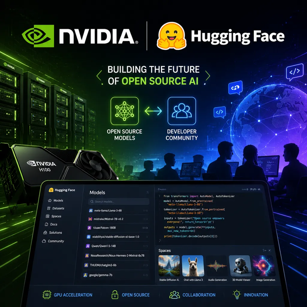 英伟达与 Hugging Face 标志并置,背景为开源模型、GPU 集群和开发者协作界面