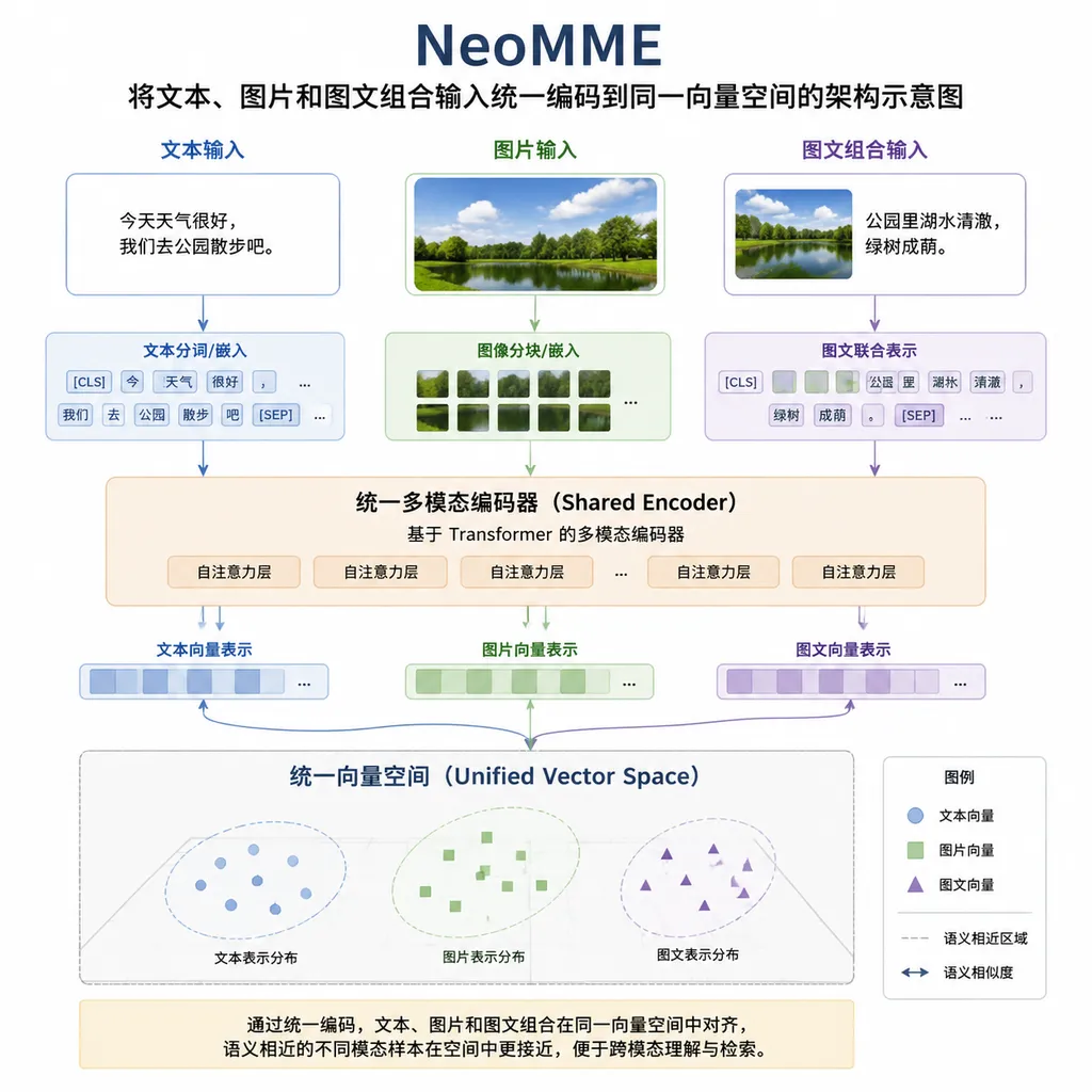 NeoMME 将文本、图片和图文组合输入统一编码到同一向量空间的架构示意图