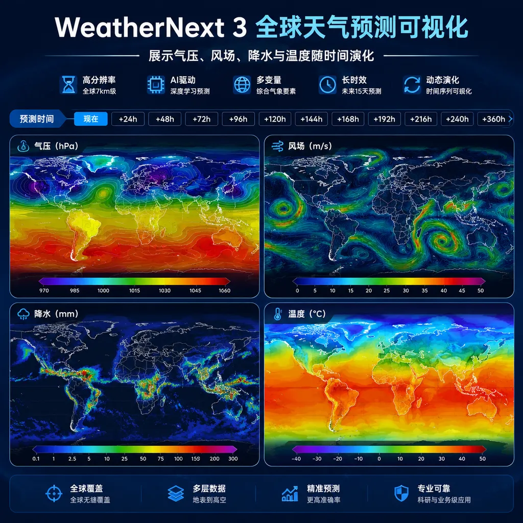 WeatherNext 3全球天气预测可视化,展示气压、风场、降水与温度随时间演化