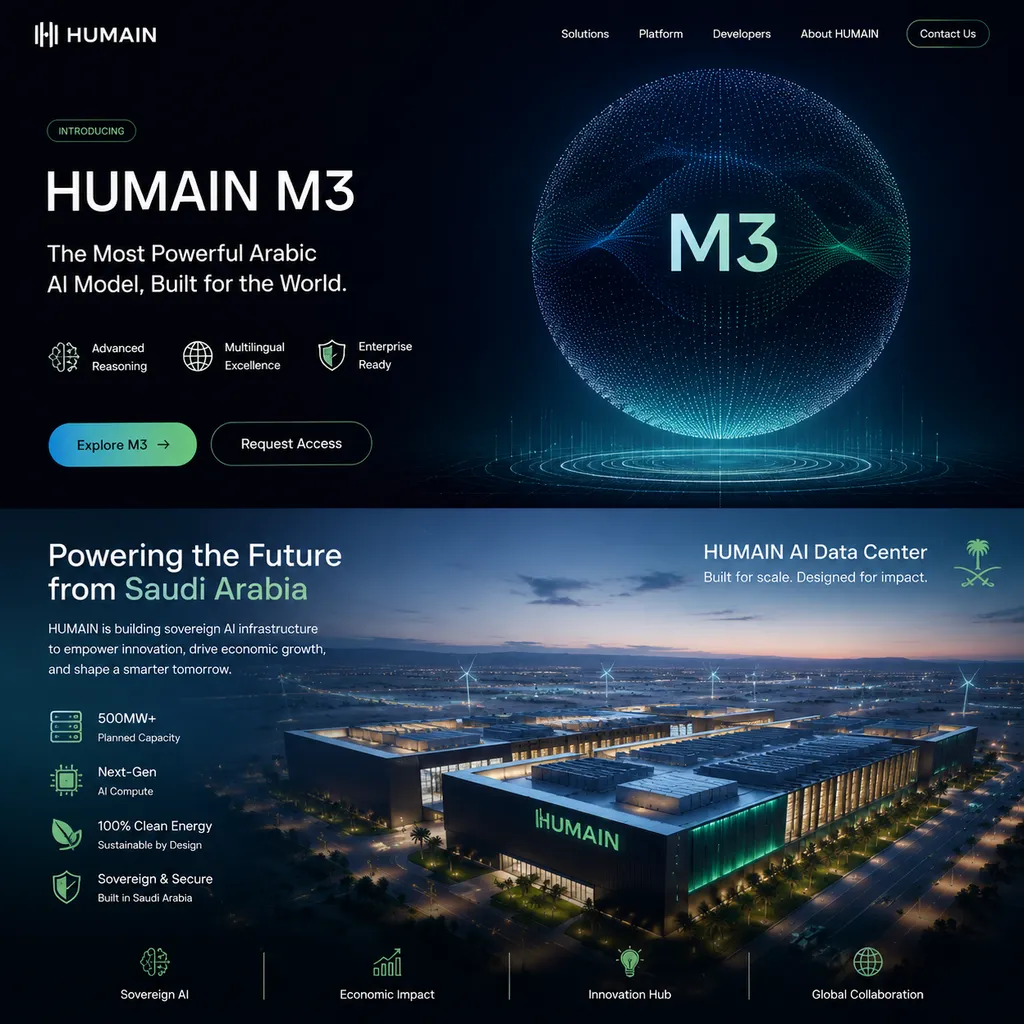 HUMAIN发布human-m3的产品页面或沙特本土AI数据中心示意图