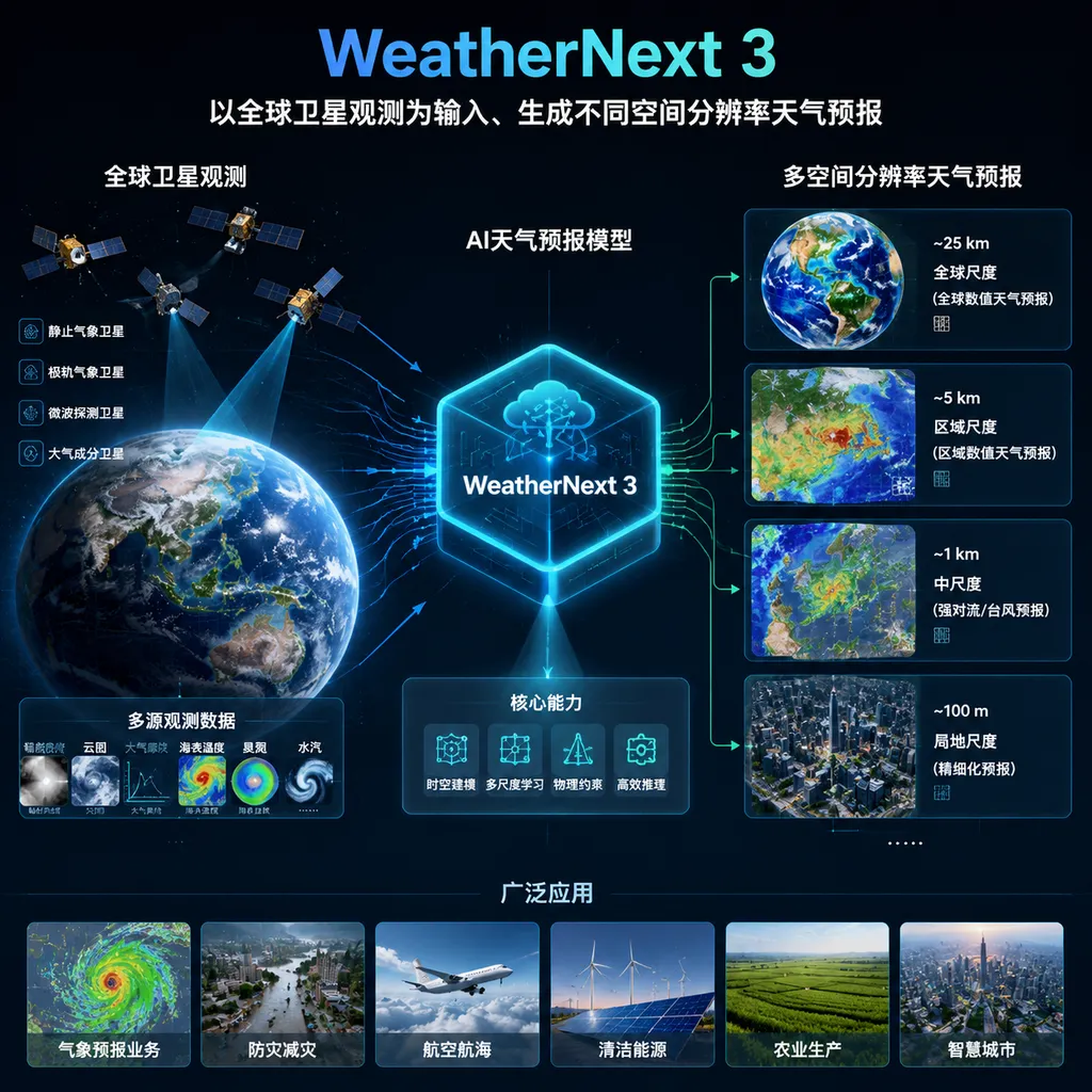 Illustration of WeatherNext 3 using global satellite observations as inputs to generate weather forecasts at different spatial resolutions