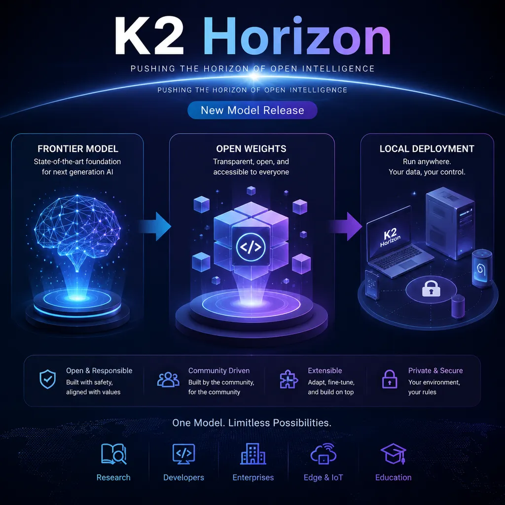 K2 Horizon模型发布概念图,展示前沿模型、开放权重与本地部署之间的关系