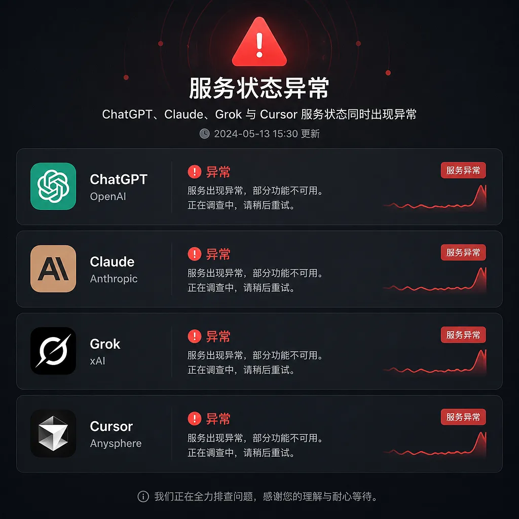 Illustration of simultaneous service disruptions affecting ChatGPT, Claude, Grok, and Cursor