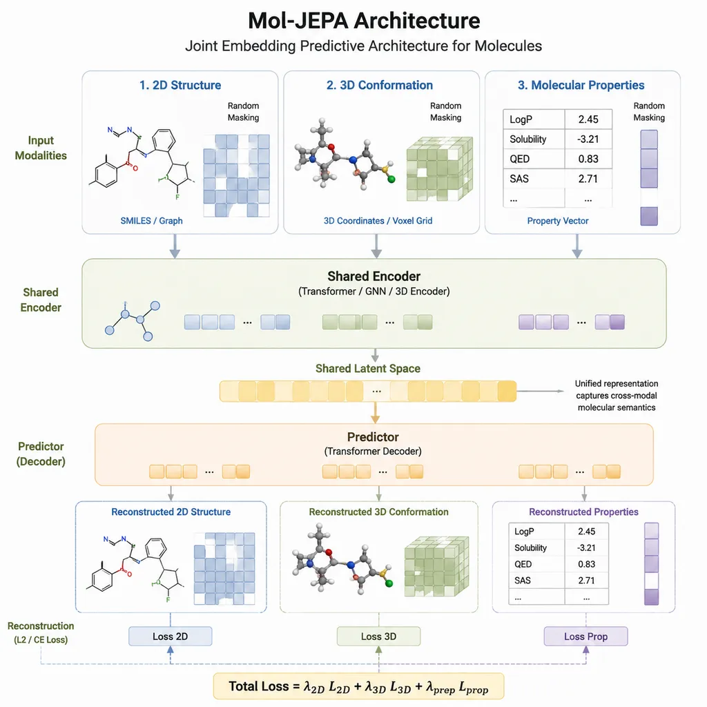 Mol-JEPA架构示意图,展示二维结构、三维构象和分子性质等输入经过编码器进入共享潜在空间,并由预测器恢复被遮蔽模态