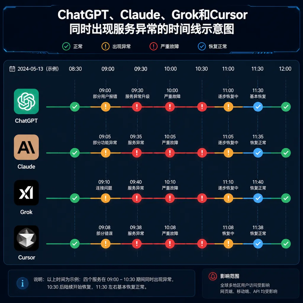 ChatGPT、Claude、Grok和Cursor同时出现服务异常的时间线示意图