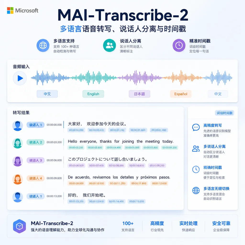 微软 MAI-Transcribe-2 的多语言语音转写、说话人分离与时间戳功能示意图