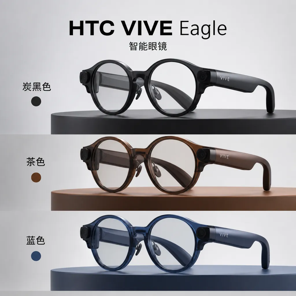 HTC VIVE Eagle 圆框版本展示图,包含炭黑色、茶色和蓝色三种配色