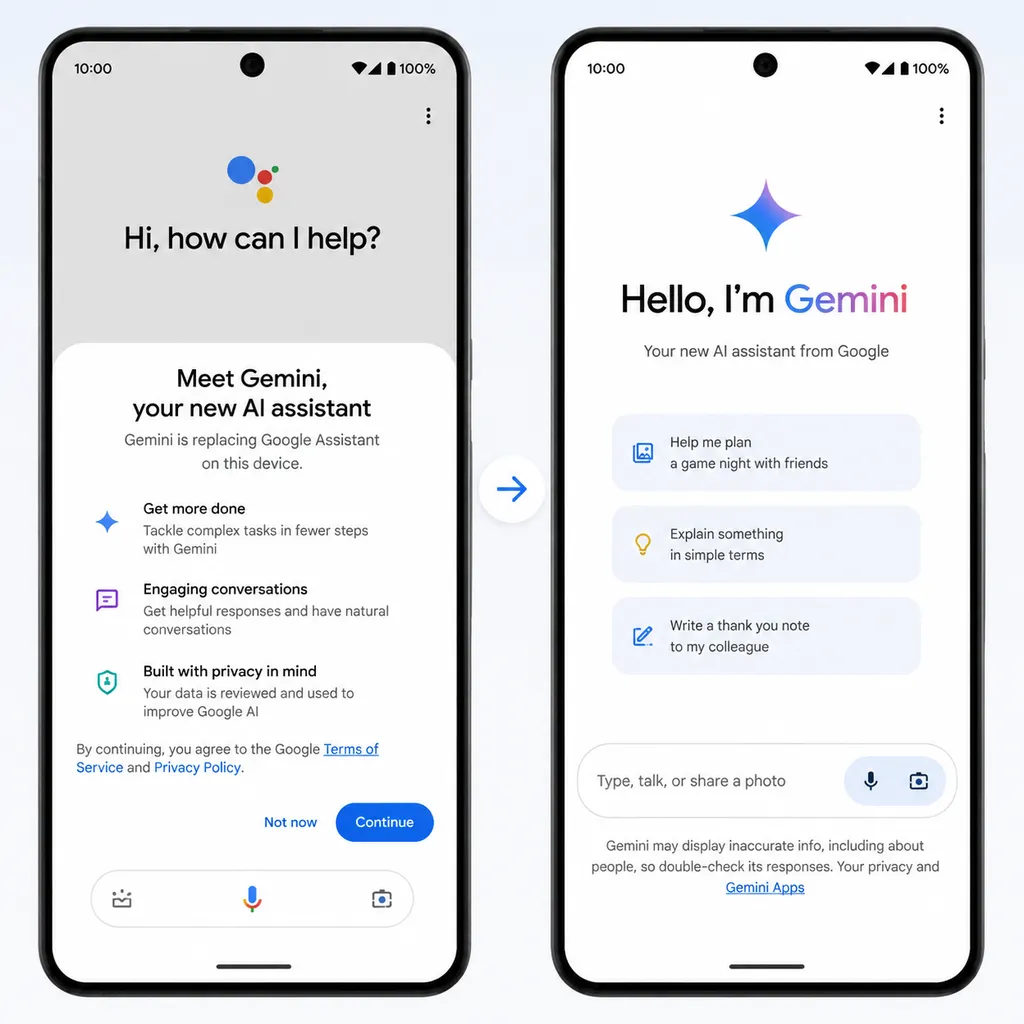 安卓手机上从 Google Assistant 切换到 Gemini 的界面示意图
