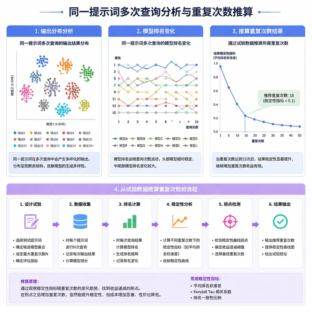 展示同一提示词多次查询后输出分布、模型排名变化,以及从试验数据推算重复次数的流程图
