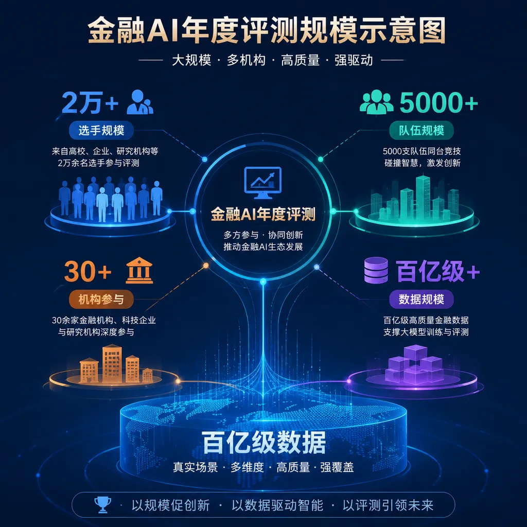 Illustration of the scale of the annual financial AI evaluation, showing the relationship among 20,000 participants, 5,000 teams, more than 30 organizations, and data at the tens-of-billions scale