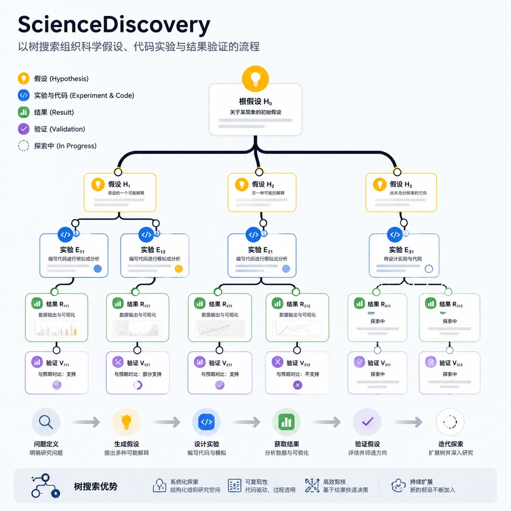 ScienceDiscovery以树搜索组织科学假设、代码实验与结果验证的流程示意图