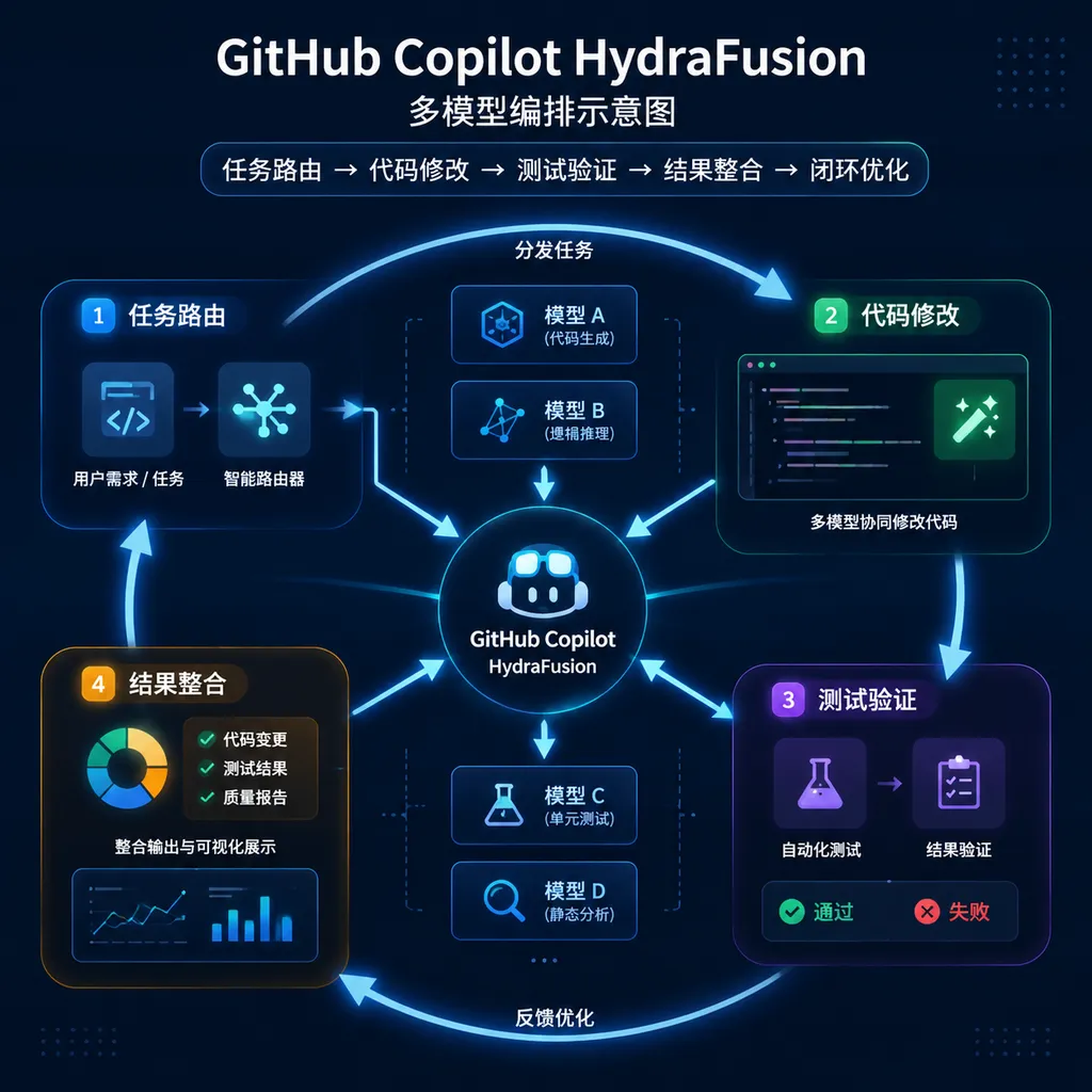 GitHub Copilot HydraFusion 多模型编排示意图:任务路由、代码修改、测试验证和结果整合形成闭环