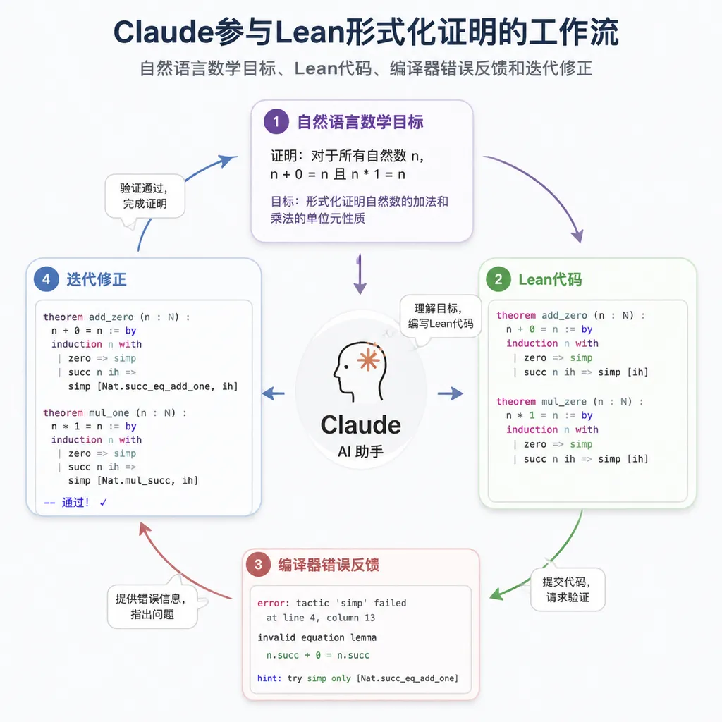 Claude参与Lean形式化证明的工作流示意图:自然语言数学目标、Lean代码、编译器错误反馈和迭代修正
