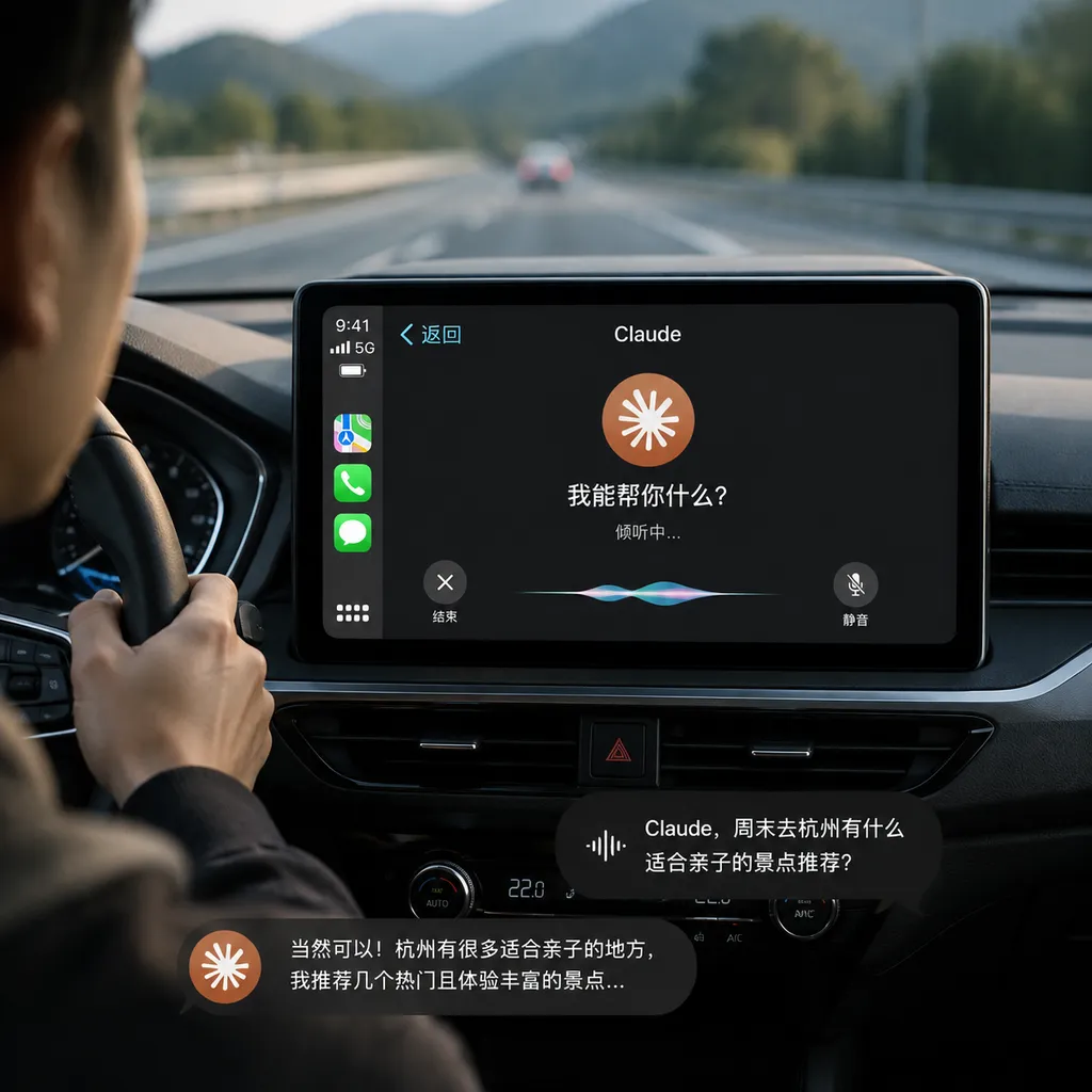 汽车中控屏显示 CarPlay 的 Claude 免提对话界面,驾驶者通过语音与 Claude 交流