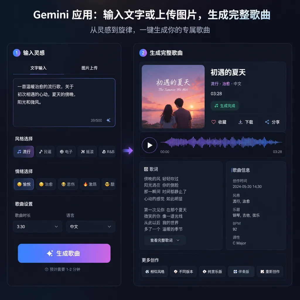 Gemini 应用中输入文字或上传图片后生成完整歌曲的界面示意图