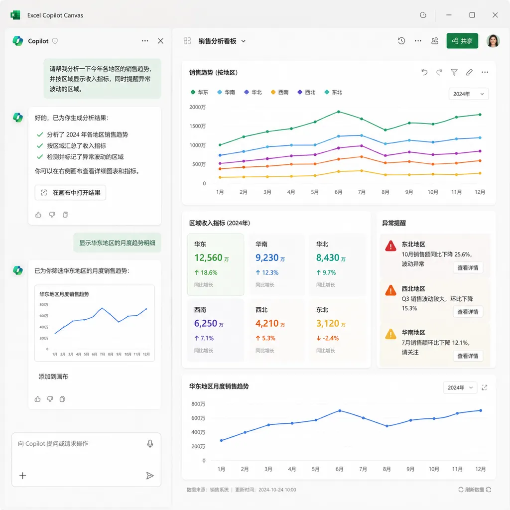 Excel Copilot Canvas 界面示意图,左侧为自然语言对话区,右侧画布集中展示销售趋势图、区域收入指标和异常提醒