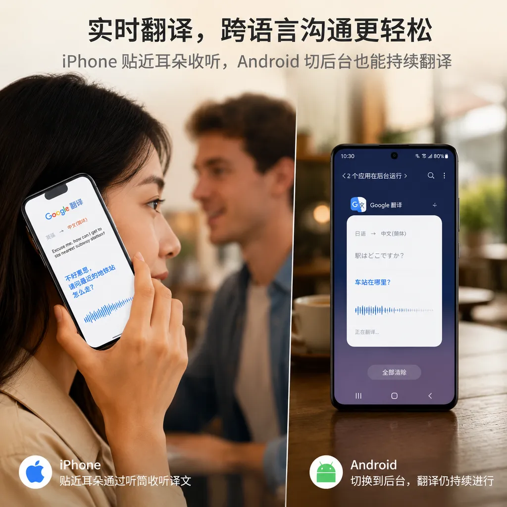 iPhone 贴近耳朵通过听筒收听 Google 翻译实时译文,旁边展示安卓版切换到后台后仍持续翻译的使用场景