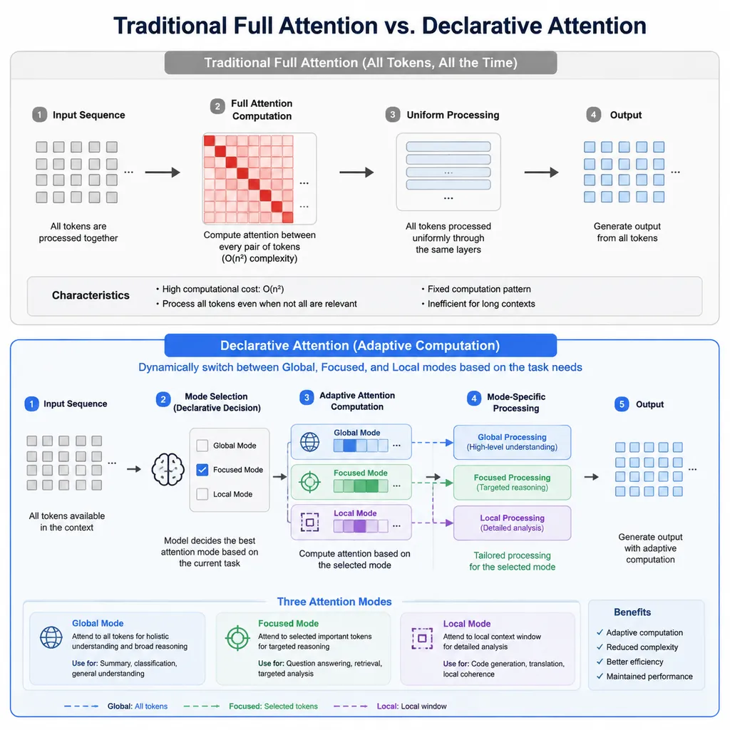 对比传统全量注意力与 Declarative Attention 的流程示意图:模型在全局、聚焦、局部三种模式之间切换