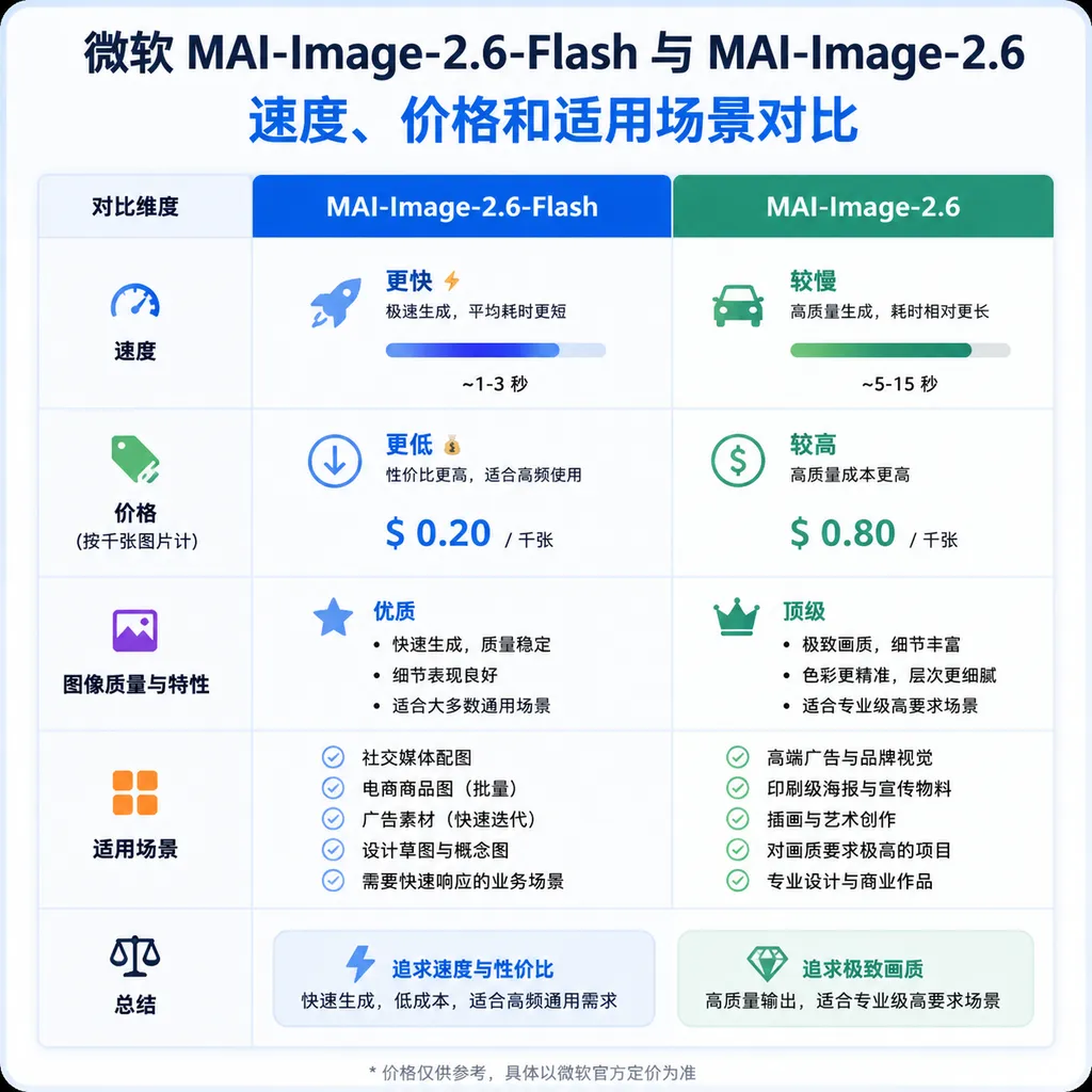 微软 MAI-Image-2.6-Flash 与 MAI-Image-2.6 的速度、价格和适用场景对比示意图