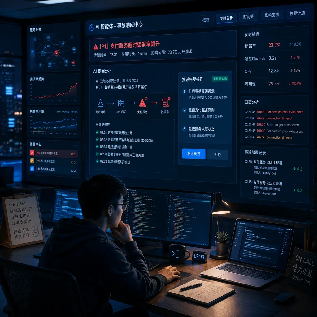 深夜生产事故响应中心,AI 智能体在屏幕上关联日志、指标和部署记录,工程师在旁审核恢复操作