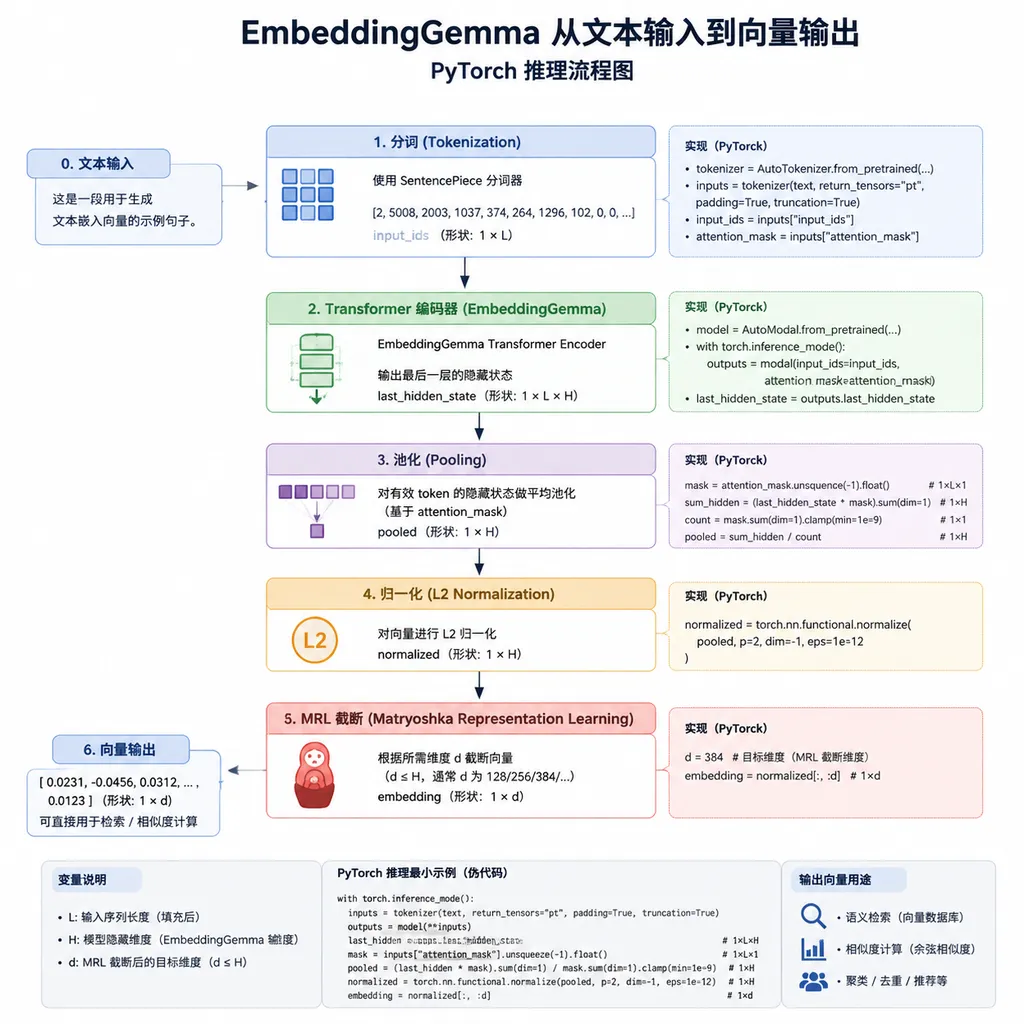 EmbeddingGemma 从文本输入到向量输出的 PyTorch 推理流程图,包含分词、Transformer、池化、归一化和 MRL 截断