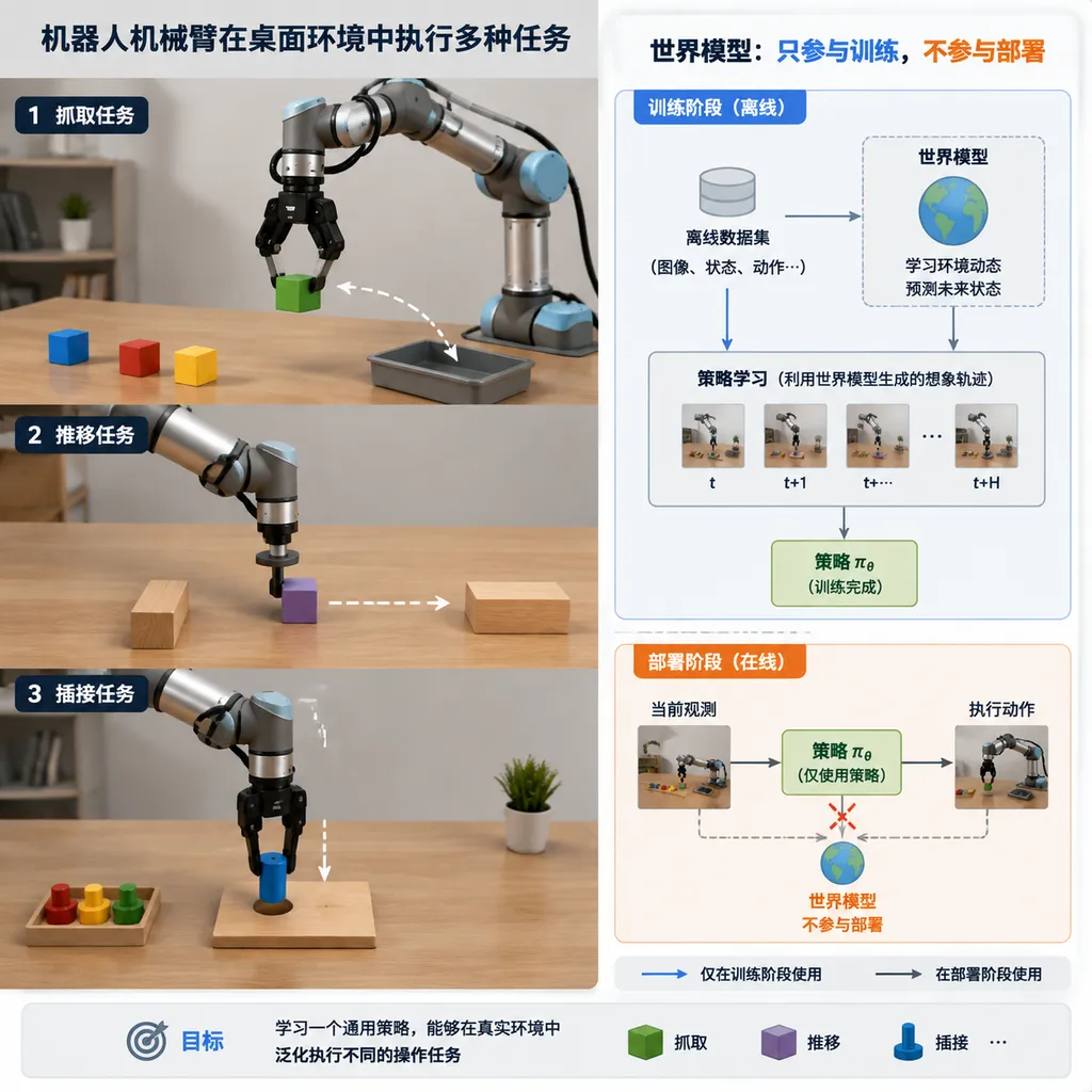 机器人机械臂在桌面环境中执行抓取、推移和插接任务,旁边以示意图展示世界模型只参与训练、不参与部署