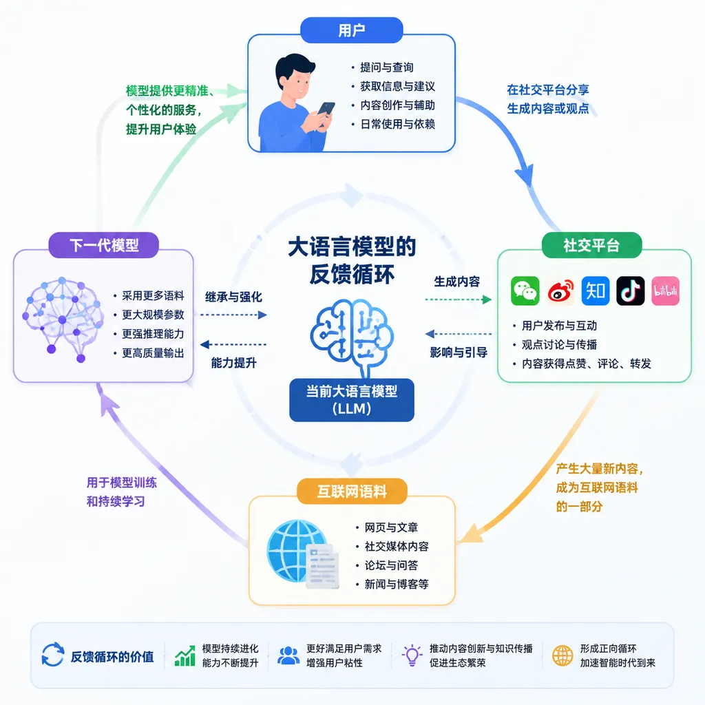 大语言模型在用户、社交平台、互联网语料和下一代模型之间形成反馈循环的示意图