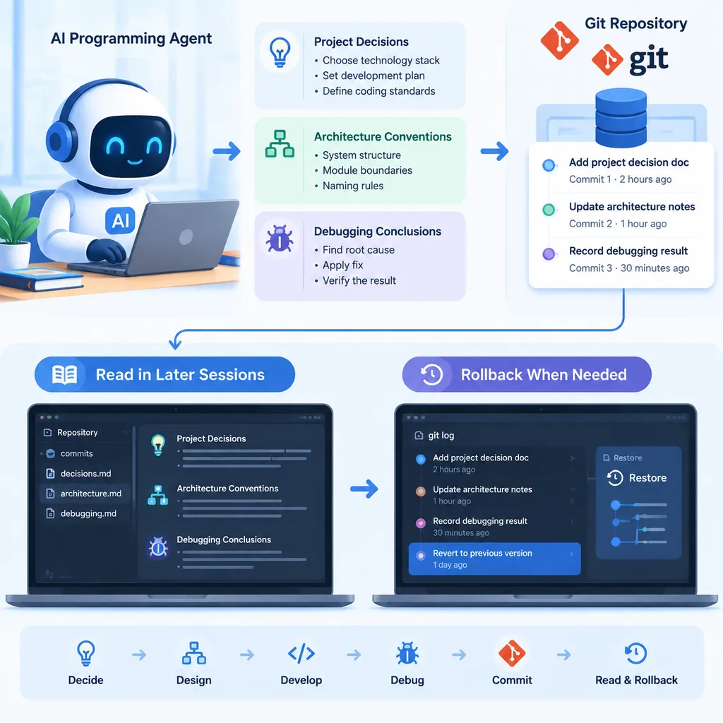 AI 编程 Agent 将项目决策、架构约定和调试结论写入 Git 仓库,并在后续会话中读取和回滚的流程示意图
