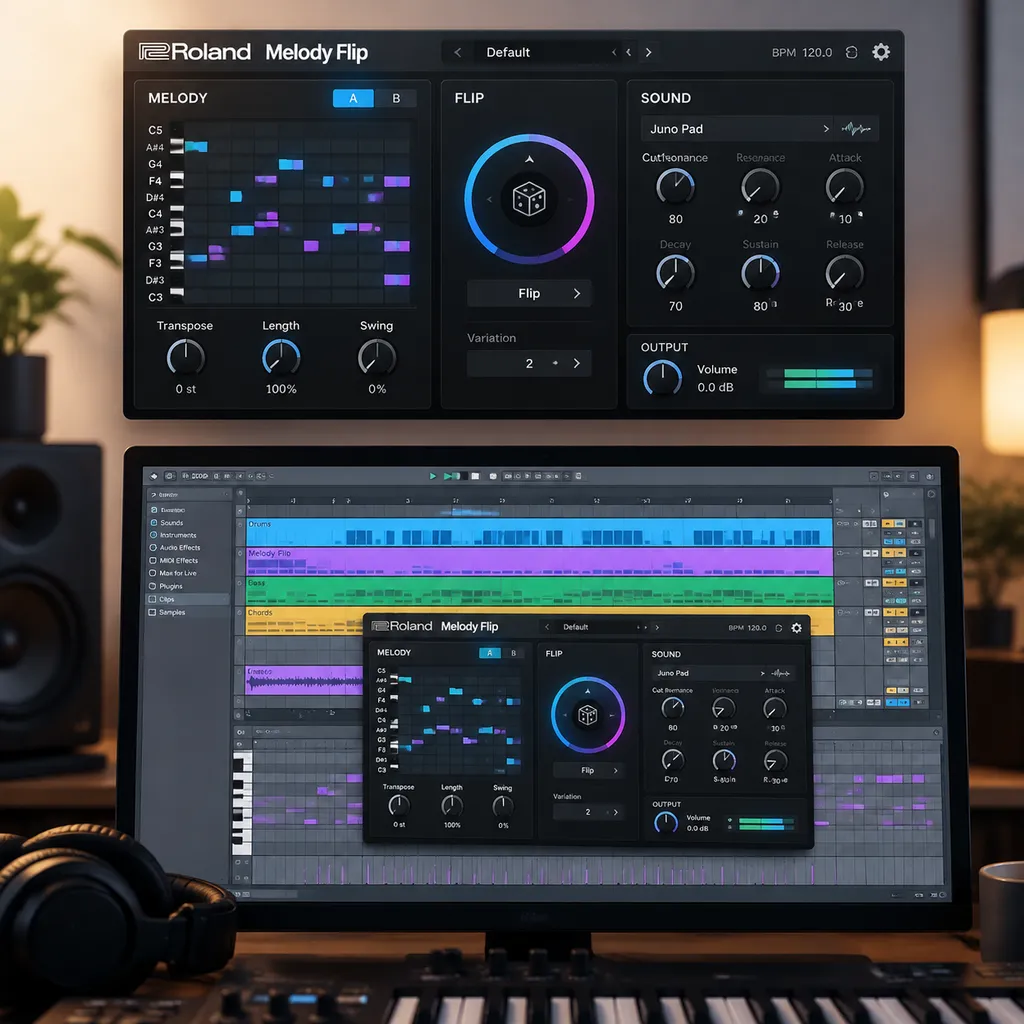 Illustration of the Roland Melody Flip plugin interface and a DAW arrangement project
