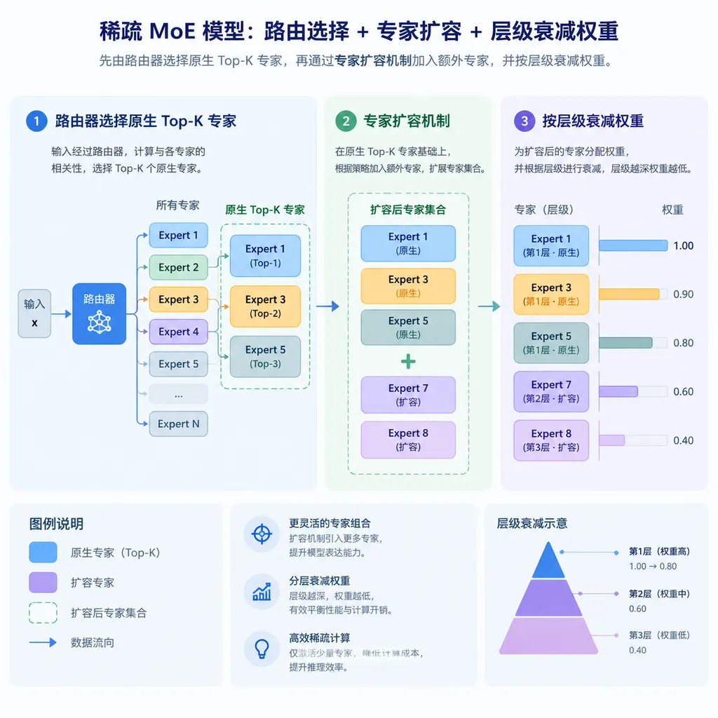 稀疏 MoE 模型从路由器选择原生 Top-K 专家,再通过专家扩容机制加入额外专家并按层级衰减权重的示意图