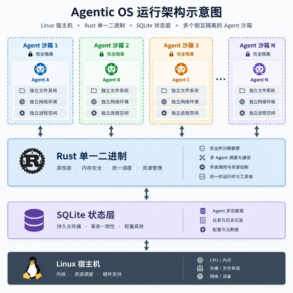 Agentic OS 运行架构示意图:Linux 宿主机、Rust 单一二进制、SQLite 状态层、多个相互隔离的 Agent 沙箱