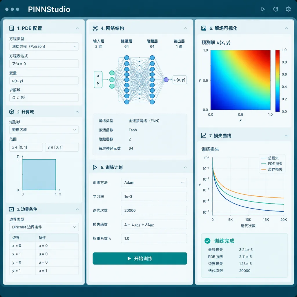 PINNStudio图形界面示意,左侧配置PDE、计算域和边界条件,中间显示网络与训练计划,右侧展示解场和损失曲线