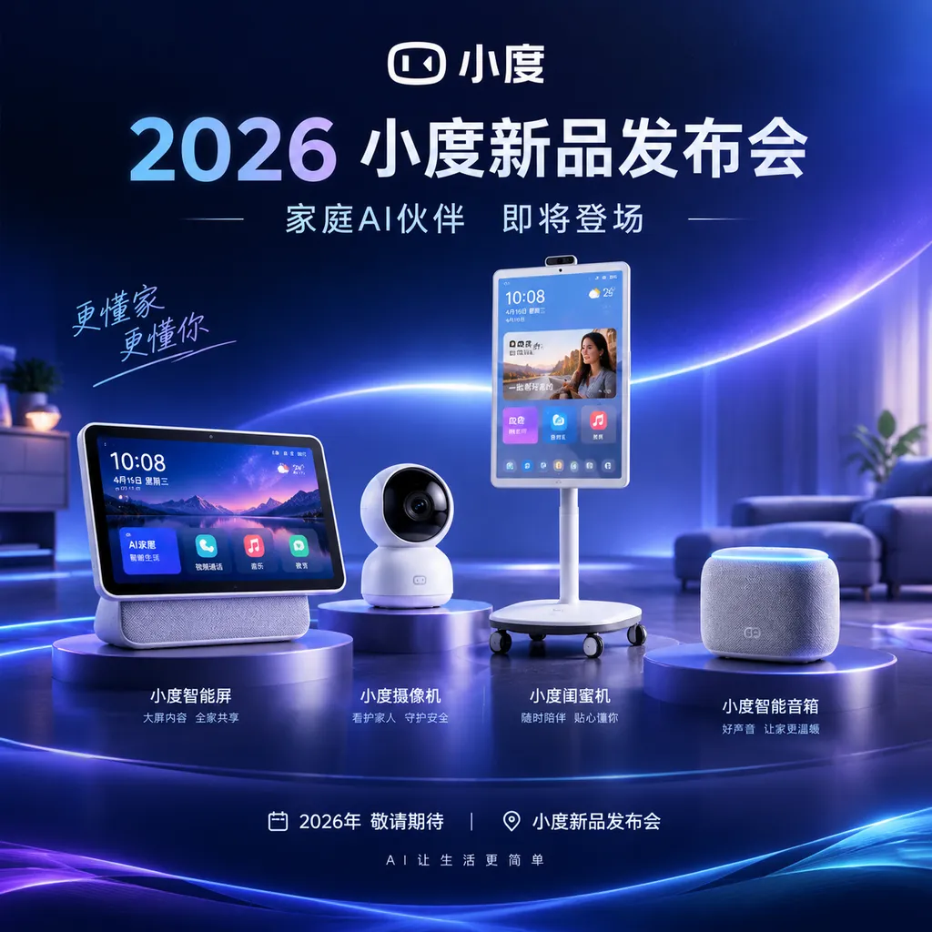 小度2026新品发布会预告海报,展示智能屏、摄像机、闺蜜机和音箱等产品形态