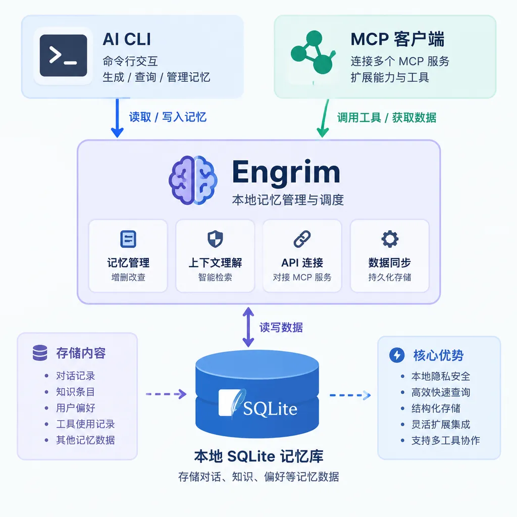 Engrim 本地 SQLite 记忆库与 AI CLI、MCP 客户端之间的架构示意图