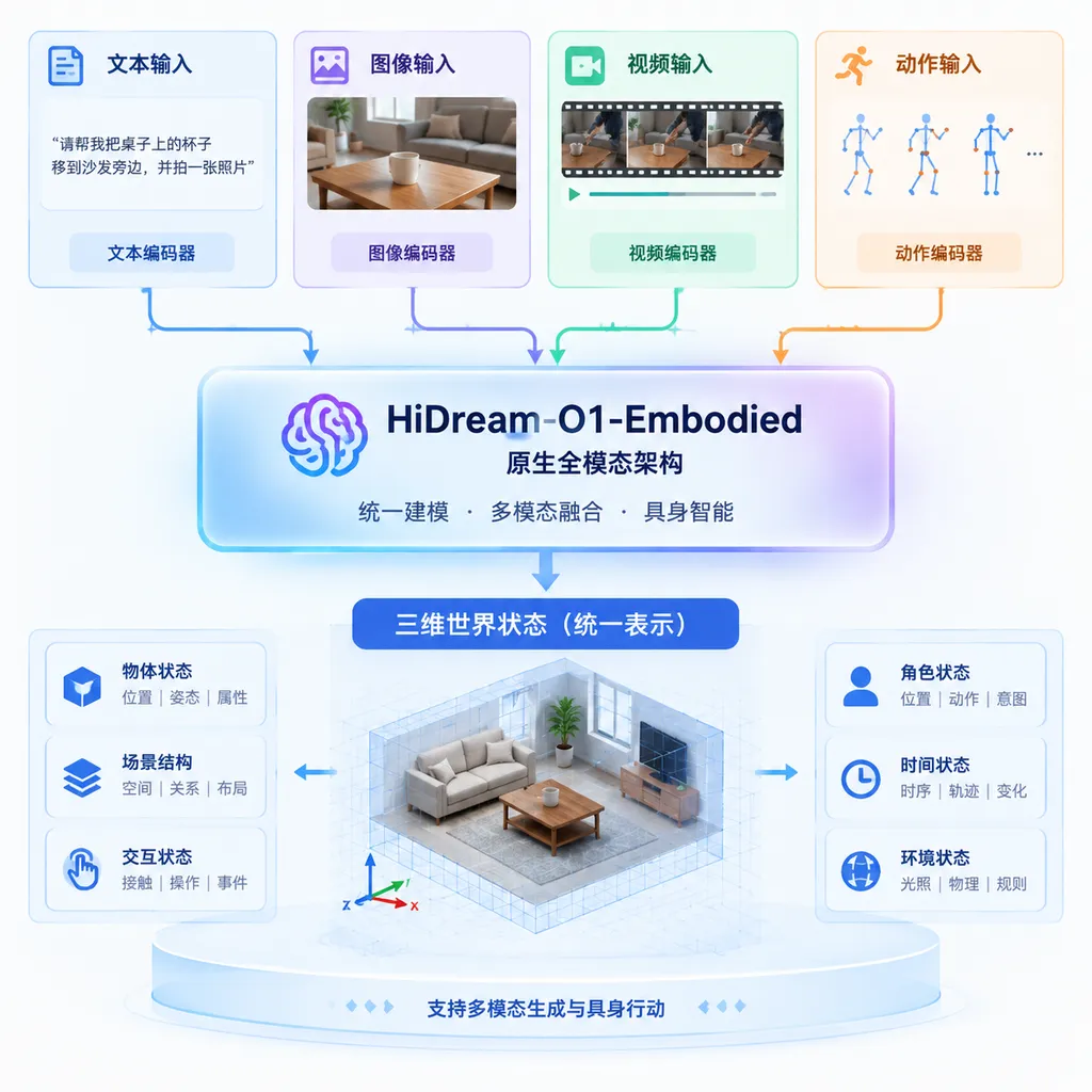 Schematic of HiDream-O1-Embodied's native multimodal architecture, showing the unified modeling relationship between text, image, video, and action inputs and 3D world states