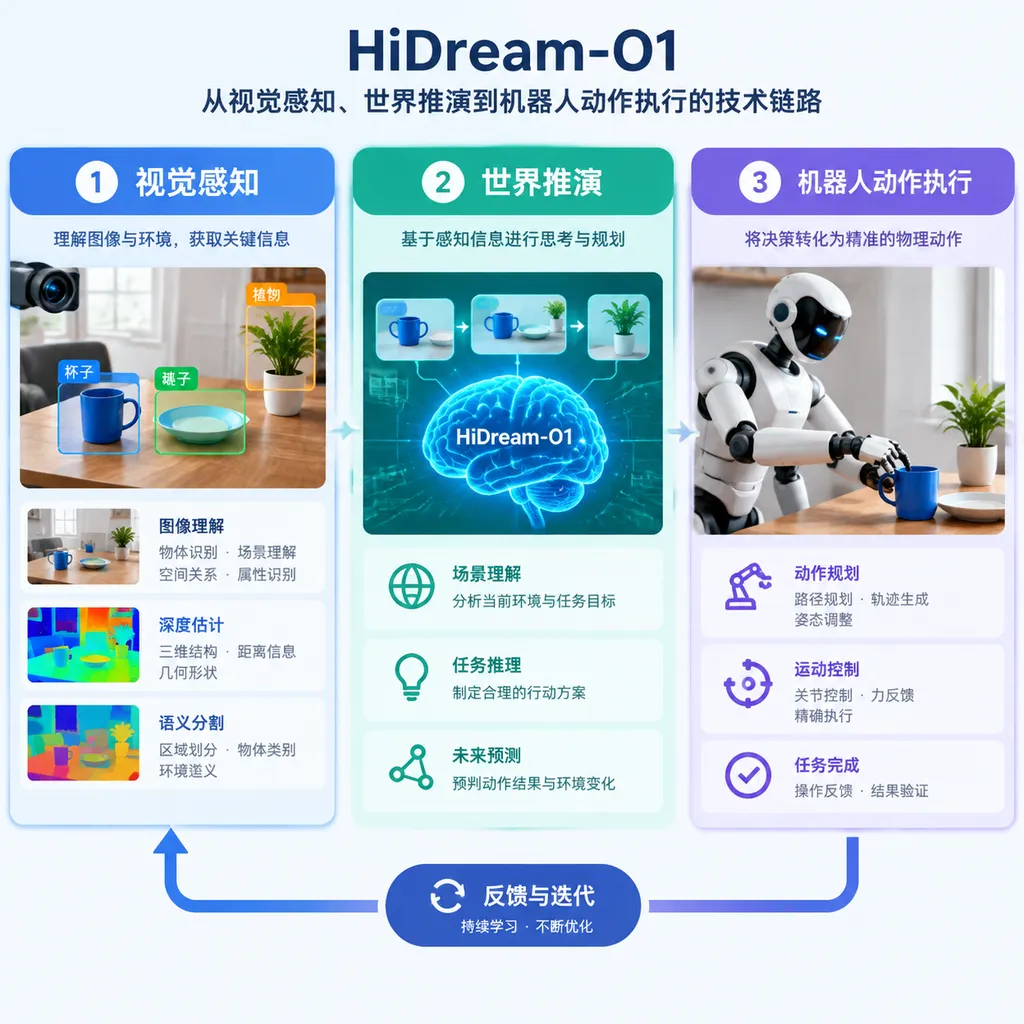 HiDream-O1-Embodied从视觉感知、世界推演到机器人动作执行的技术链路示意图