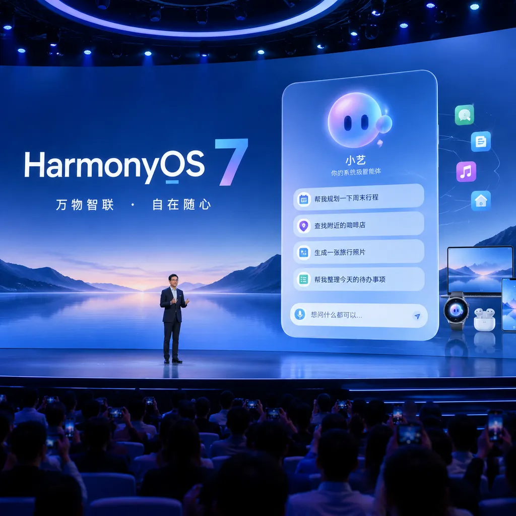 HarmonyOS 7 发布会现场与系统级智能体小艺界面