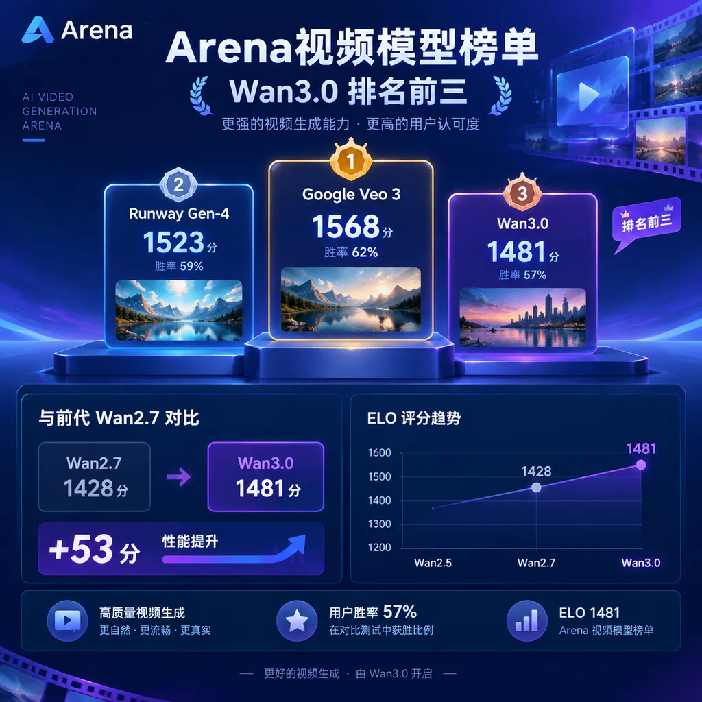 Illustration showing Wan3.0 ranking in the top three of Arena’s video model rankings, labeled with its score of 1,481, win rate of 57%, and score difference from its predecessor Wan2.7
