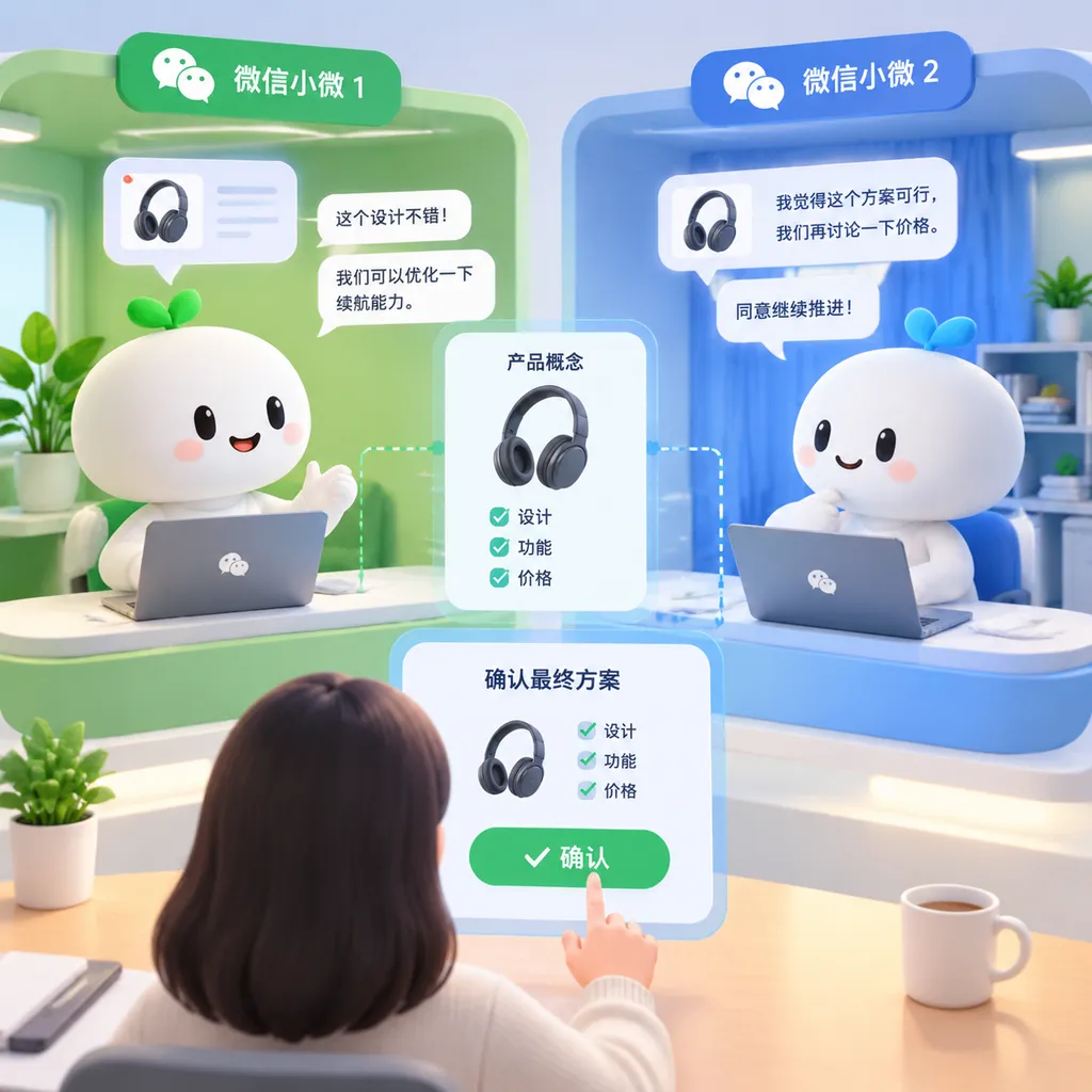 两个微信小微在独立空间内进行协商,用户在关键决策节点确认的产品概念图
